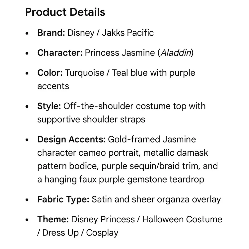 Disney Princess Jasmine Girls 4 6 Turquoise Costume Top Bodysuit No Bottoms Kids